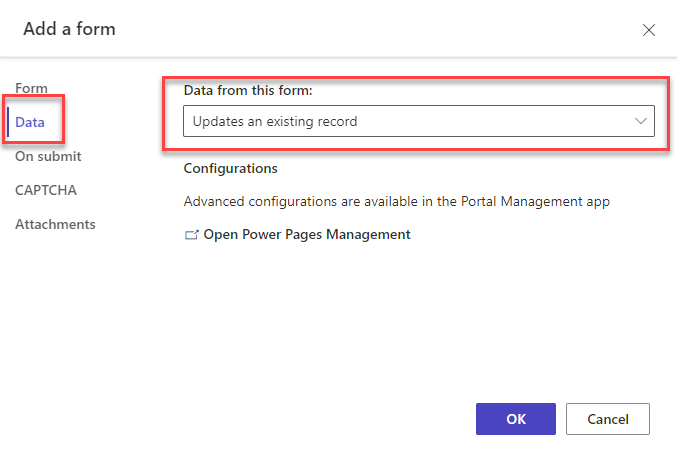 Data Option in Add a Form